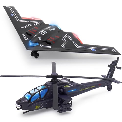 fisca Doppeltes Metall-Armee-Kampfflugzeug und Hubschrauber-Flugzeug-Spielzeugmodell mit Licht und Ton, Geburtstagsgeschenk für Kinder (B2 Schwarz+B2 Dunkelblau) von fisca
