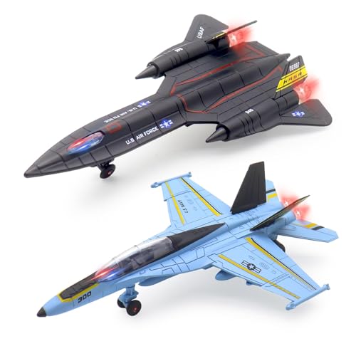 2PCS Flugzeug Modell mit Sound & Licht, Pull Back Alloy Flugzeug Militärspielzeug Diecast Jet Spielzeug, Flugzeug Spielzeug für Kinder 3 4 5 6 Jahre alt (F18+SR71) von fisca
