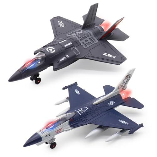 2PCS Flugzeug Modell mit Sound & Licht, Pull Back Alloy Flugzeug Militärspielzeug Diecast Jet Spielzeug, Flugzeug Spielzeug für Kinder 3 4 5 6 Jahre alt (F35+F16) von fisca