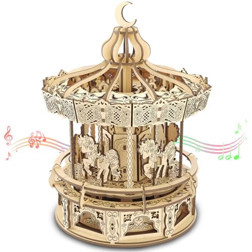 3D Holzpuzzle Spieluhr Bausatz, DIY Romantisches Karussell Mechanischer Modellbaukasten, Kreativer Holzbausatz für Jugendliche und Erwachsene, Perfekter Geburtstag für Jungen Mädchen 14+ (Karussell) von fisca
