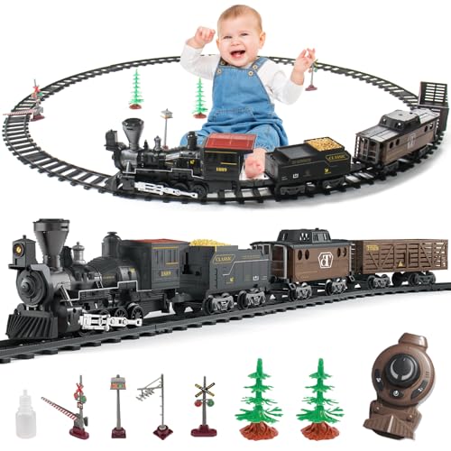 fisca Elektrischer Zug Set für Kinder, Eisenbahn Schienen Zug Spielzeug Set mit Dampflokomotive, 3 Güterzüge, Geräusche & Licht & Wasserspray von fisca