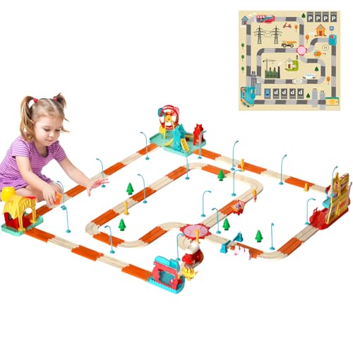 fisca Kinder-Eisenbahn-Set mit Landkarte Matte, 200PCS Kleinkind elektrische Eisenbahn Spielzeug Set für 3+, flexible Themen Stadt Zug Track Geburtstag Weihnachten Geschenke Set elektrische Schiene Au von fisca