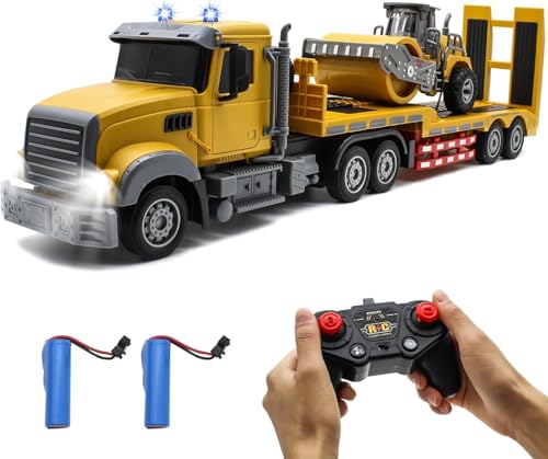 fisca 6 Kanal RC LKW Spielzeug, 1:24 Ferngesteuerter LKW mit Lichtern und Geräuschen, 2.4Ghz Ferngesteuerter Pritschenwagen mit Straßenwalze Spielzeug, Geschenke für Kinder ab 3 Jahren (Gelb) von fisca