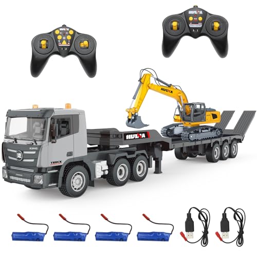 Fisca RC Semi Truck & Bagger Set, 2.4Ghz Ferngesteuerter Pritschenwagen Mit Bagger, 1:24 RC-Sattelzugmaschine Mit Sound und Lichtern, Baufahrzeuge Spielzeug für Jungen von fisca