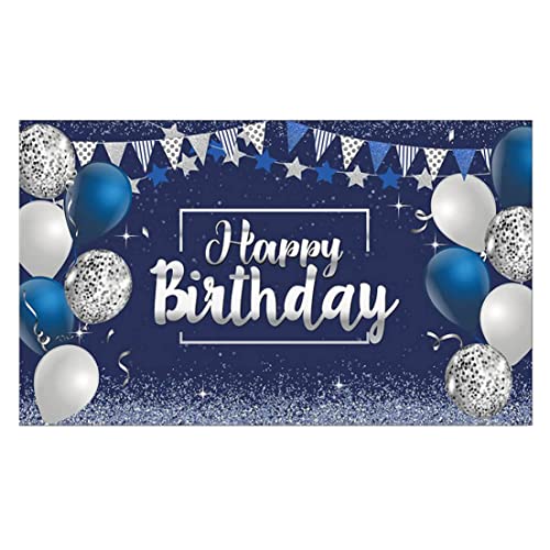 Dekorationen Kulisse, Glitzergeburtstag Hintergrundschild, Happy Banner, Partyversorgungsfoto Hintergrund für Kinder Männer Frauen, (Silber und Marine Blau) von fkngcp