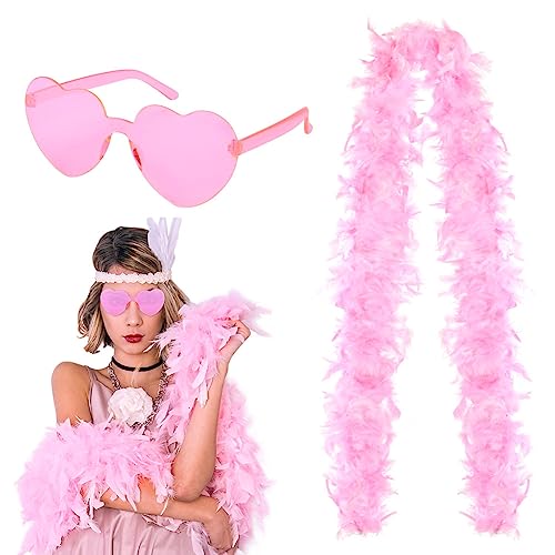 Flintronic Federboa, Bunte Feder Boas mit randlosen Sonnenbrillen, 2M Flauschige Federboa für Damen Kostümzubehör, Feder Schal für Hochzeit Karneval Geburtstag Cosplay Weihnachten (Rosa) von flintronic