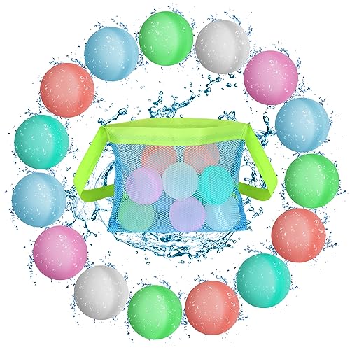 Flintronic 15 Stück Wiederverwendbare Wasserballons, Selbstdichtende Silikon-Wasserbälle mit Netzbeutel, Latexfreier Silikon-Wasserbomben, für Outdoor-Aktivitäten & Sommer-Spritz-Party im Freien von flintronic