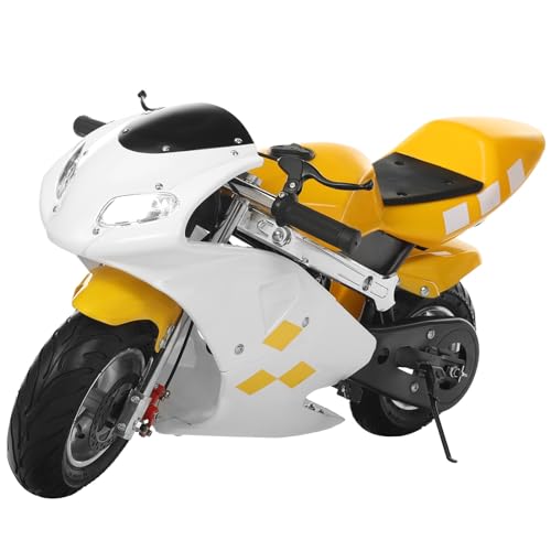 49cc 2-Takt Pocket Bike, Mini-Motorrad für Kinder, Gas-Taschenmotorrad mit starker Dual-Bremse, Racing Max Speed 20mph, Doppelscheinwerfer Weiß & Gelb von floatofly