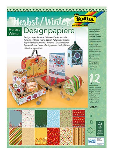 folia 11349 - Designpapier Block Herbst / Winter, DIN A4, 165 g/qm, 12 Blatt sortiert in 12 verschiedenen Motiven, hochwertig illustriertes Papier mit Glitterapplikation von folia