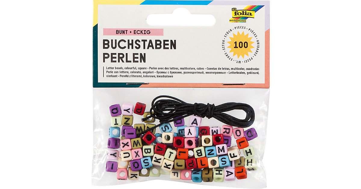 Buchstaben-Perlen, eckig, 100 Stück, farbig sortiert, inkl. 1m Gummiband Buchstaben-Perlen, eckig, 100 Stück, farbig sortiert, inkl. 1m Gummiband von folia