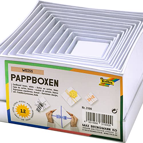 folia 3100 - Geschenkboxen, Pappschachteln aus Karton, quadratisch, weiß, 12 Stück in verschiedenen Größen - optimal zum Verzieren und Verschenken von Baker Ross