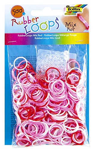 folia 331592 - Rubber Loops Mix, 500 Gummibänder, inklusive 25 stück - Clips und 1 Häkelnadel, rot von folia