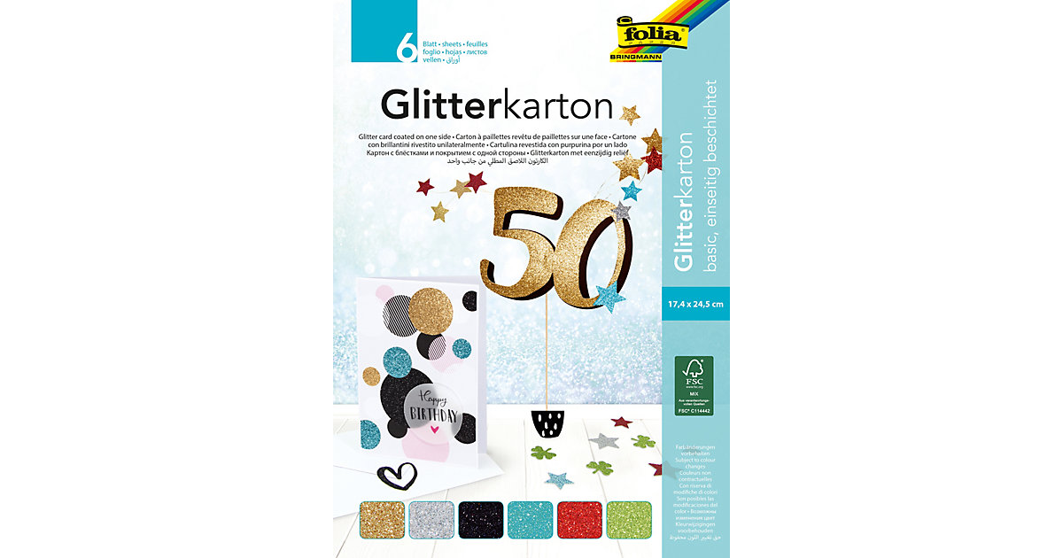 Glitterkarton-Block Basic, 6 Blatt 17,4 x 24,5 cm von folia