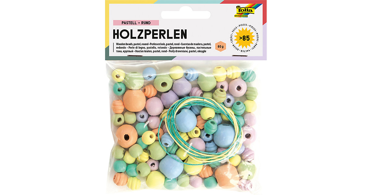 Holzperlen PASTELL, 86 Teile, 84x Perlen sort. & 2x Schnüre à 85cm bunt Holzperlen PASTELL, 86 Teile, 84x Perlen sort. & 2x Schnüre à 85cm bunt von folia