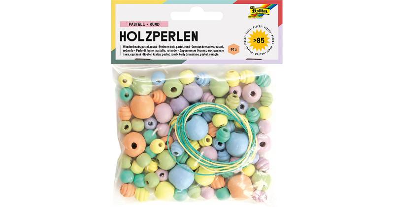Holzperlen PASTELL, 86 Teile, 84x Perlen sort. & 2x Schnüre à 85cm bunt von folia