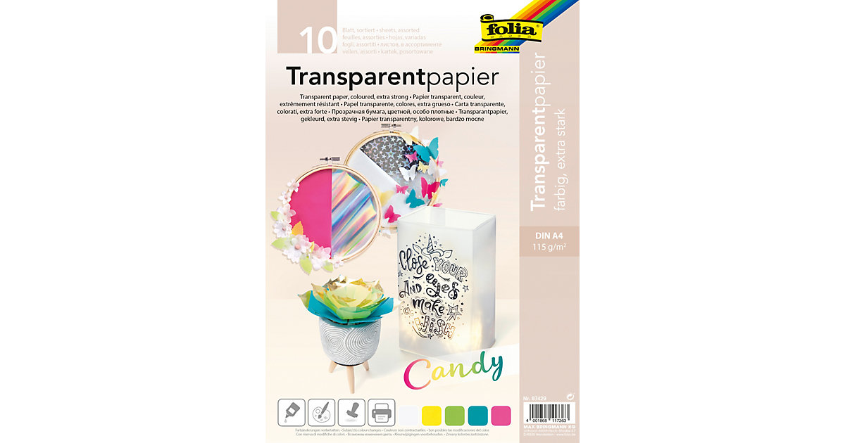 Transparentpapier 115g/m² CANDY, DIN A4, 10 Blatt, 5-farbig sortiert bunt Transparentpapier 115g/m² CANDY, DIN A4, 10 Blatt, 5-farbig sortiert bunt von folia