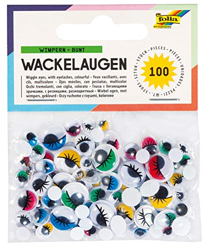 folia 7510 - Wackelaugen mit Wimpern und beweglicher Pupille, 100 Stück, bunt, sortiert - ideal zum Gestalten von Tieren und anderen Figuren von folia