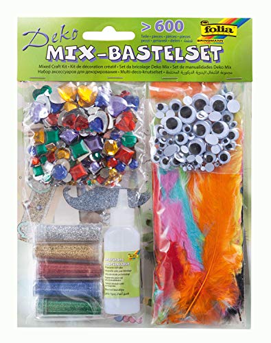 folia 12420 - Deko-Mix Bastelset, 600 Teile, sortiert, bestehend aus Schmucksteinen, Wackelaugen, Federn, Glitzer und Kleber folia 12420 - Deko-Mix Bastelset, 600 Teile, sortiert, bestehend aus Schmucksteinen, Wackelaugen, Federn, Glitzer und Kleber von folia