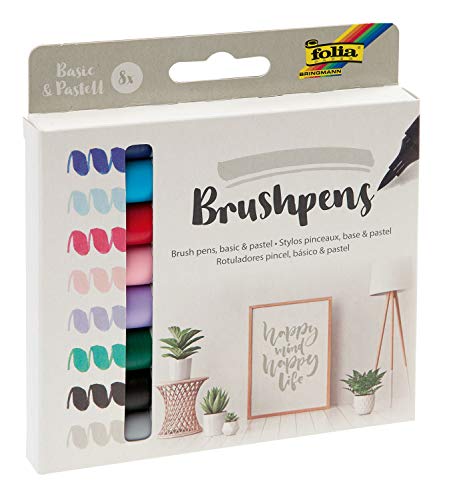 folia 171929 - Brush Pens, 8er Set Basic & Pastell, Pinselstifte mit flexibler Spitze, Strichstärke ca. 1 - 7 mm, auf Wasserbasis, in 8 verschiedenen Farben von folia