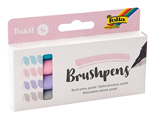folia 1729 - Brush Pens, 4er Set Pastell, Pinselstifte mit flexibler Spitze, Strichstärke ca. 1 - 7 mm, auf Wasserbasis, in den Farben rose, pastell-blau, flieder und grau von folia