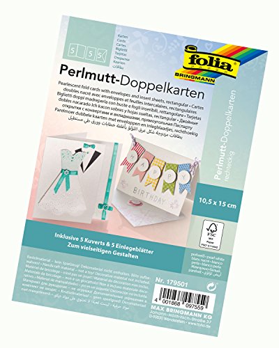 folia 179501 - Perlmutt Doppelkarten, ca. 10,5 x 15 cm, 250 g/qm, 5er Set, perlweiß - ideal für Einladungen, Glückwunsch- oder Grußkarten von folia