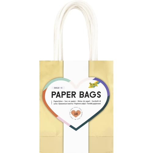 folia 21269/10 - Paper Bags Gold S, 10 Papiertüten aus 110 g/m² Kraftpapier in Gold, ca. 12 x 15 x 5,5 cm, zum Basteln, Verzieren und Verschenken von folia