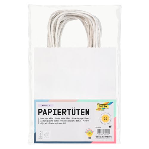 folia 21800 - Papiertüten aus Kraftpapier, Geschenktüten, 20 Stück, 18 x 8 x 21 cm, weiß - zum Basteln, Verzieren und Verschenken von folia