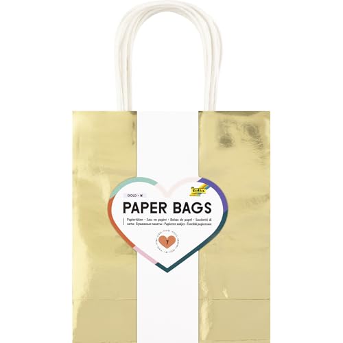 folia 21869/7 - Paper Bags Gold M, 7 Papiertüten aus 110 g/m² Kraftpapier in Gold, ca. 18 x 21 x 8 cm, zum Basteln, Verzieren und Verschenken von folia