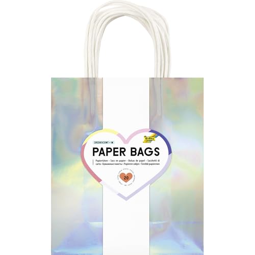 folia 21879 - Paper Bags Iridescent M, 20 Papiertüten aus 110 g/m² Kraftpapier in irisierend-schillernd, ca. 18 x 21 x 8 cm, zum Basteln, Verzieren und Verschenken von folia