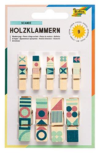 folia 22952 - Holzklammern mit Scandi Motiv, 9 Klammern in 2 verschiedenen Größen, ideal zum Befestigen von Notizen, Bildern oder zum Gestalten von kreativen Bastelarbeiten, ab 8 Jahren von folia