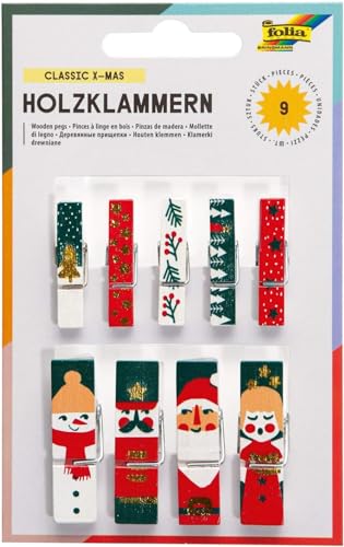 folia 22955 - Holzklammern mit Classic X - Mas Motiv, 9 Klammern in 2 verschiedenen Größen, ideal zum Befestigen von Notizen, Bildern oder zum Gestalten von kreativen Bastelarbeiten, ab 8 Jahren von folia