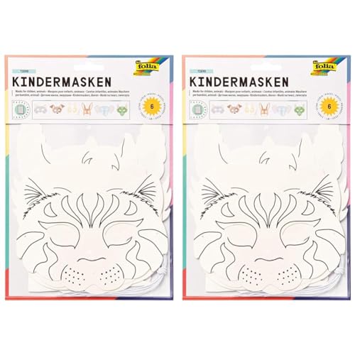 folia 23209 - Kindermasken Tiere aus Pappe, Motive sortiert, 6 Stück, weiß, zum selbst Bemalen und Gestalten, für Kinder, Jungen und Mädchen, ideal für Kindergeburtstage und Partys (Packung mit 2) von folia