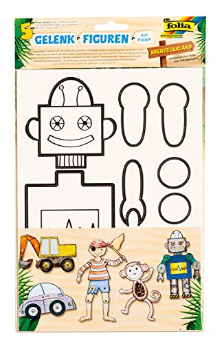 folia 23319 - Gelenkfiguren Abenteuerland, Pappfiguren mit vorgedruckten Konturen und Gelenkklammern, zum Bemalen und Gestalten, 5 Stück, Pirat, Affe, Roboter, Bagger und Auto von folia