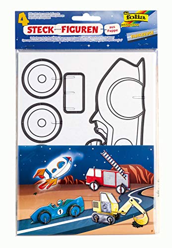 folia 23349 - Steckfiguren aus Pappe, Fahrzeuge, 4 Stück - ideal für das Basteln und Gestalten mit Kindern von folia