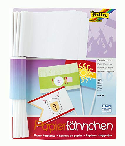 folia 2371 - Papierfähnchen, DIN A6, Stablänge 30 cm, 20 Stück, weiß - zum bemalen, bekleben und verzieren folia 2371 - Papierfähnchen, DIN A6, Stablänge 30 cm, 20 Stück, weiß - zum bemalen, bekleben und verzieren von folia