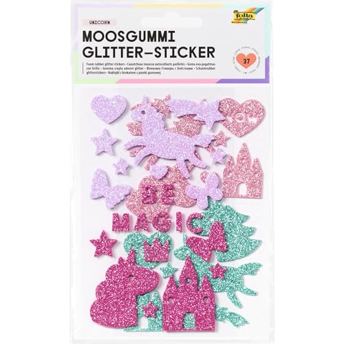 folia 23788 - Moosgummi Glitter Sticker, Unicorn, sortiert in 4 verschiedenen Farben, 37 Stück zum Verzieren und Dekorieren folia 23788 - Moosgummi Glitter Sticker, Unicorn, sortiert in 4 verschiedenen Farben, 37 Stück zum Verzieren und Dekorieren von folia