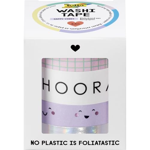 folia 26455 - Washi Tape Happy Vibes, 4 x 5 m, Klebeband aus Reispapier, Hotfoil in 4 Designs, zum Basteln, Verzieren und Dekorieren von folia