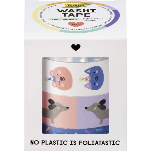 folia 26456 - Washi Tape Party Animals, 4 x 5 m, Klebeband aus Reispapier, Hotfoil in 4 tierischen Designs, zum Basteln, Verzieren und Dekorieren von folia