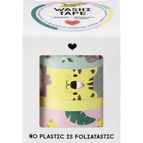 folia 26457 - Washi Tape Wildlife, 4 x 5 m, Klebeband aus Reispapier, Hotfoil in 4 tierischen Designs, zum Basteln, Verzieren und Dekorieren von folia