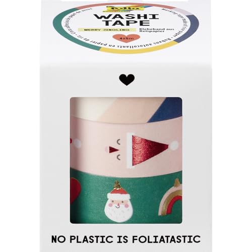 folia 26458 - Washi Tape Merry JINGLING, 4 x 5 m, Klebeband aus Reispapier, Hotfoil in 4 weihnachtlichen Designs, zum Basteln, Verzieren und Dekorieren von folia