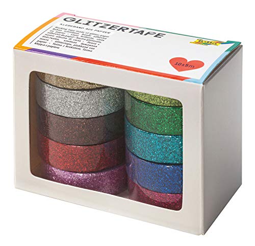 folia 28509 - Glitzer Tape, Klebeband aus Papier mit Glitter, 10 Rollen farbig sortiert, je Rolle ca. 5 m x 15 mm - ideal zum Verzieren und Dekorieren von folia