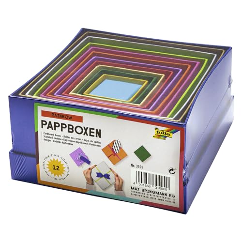folia 3109 - Geschenkboxen, Pappschachteln aus Karton, quadratisch, 12 Stück in verschiedenen Größen und Farben - ideal zum Verzieren und Verschenken von Glorex