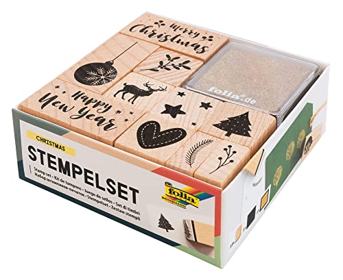 folia 31108 - Holzstempelset Christmas, inklusive 10 Holzstempel und 2 Stempelkissen - ideal zum Verzieren von Karten, Freundschaftsbüchern, für Lettering und Scrapbooking folia 31108 - Holzstempelset Christmas, inklusive 10 Holzstempel und 2 Stempelkissen - ideal zum Verzieren von Karten, Freundschaftsbüchern, für Lettering und Scrapbooking von folia