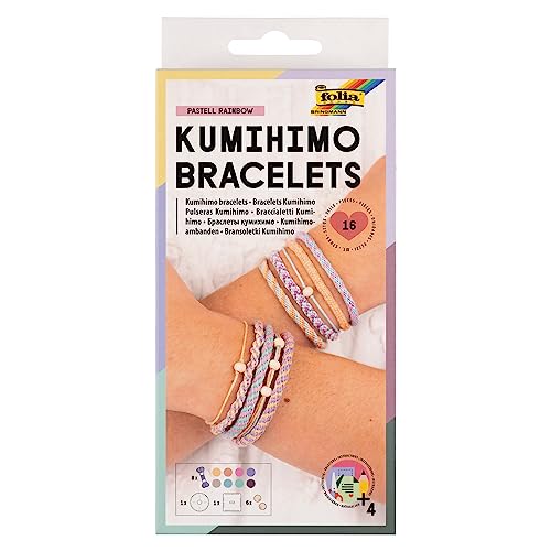 folia 32039 - Kumihimo Bracelets PASTELL RAINBOW, Bastelset für Armbänder, 16-teilig mit Garn, Knüpfscheiben und Perlen, inkl. Anleitung von folia