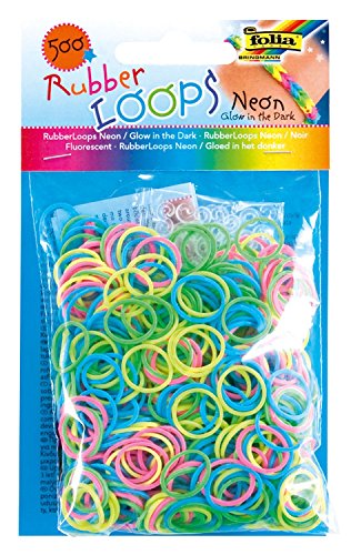 folia 339599 - Rubber Loops glow in the dark, 500 Gummibänder, inklusive 25 stück - Clips und 1 Häkelnadel, neon von folia