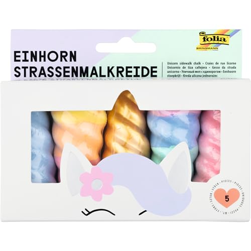 folia 380509 - Einhorn Straßenmalkreide für Kinder, 5 Stück in Regenbogenfarben, Unicorn Kreide im Horn-Design von folia