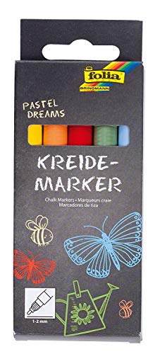 folia 390539 - Kreidemarker, 5er Set Pastel Dreams, Rundspitze 1 - 2 mm, Flüssigkreide auf Wasserbasis, für Tafeln, Tafelfolie, Glas, Plastik, feucht abwischbar von folia