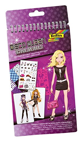 folia 41103 - Schablonenbuch Disco Queen, Block mit 36 Malvorlagen, 5 Schablonen und 3 Stickerbögen - ideal für Mädchen von folia