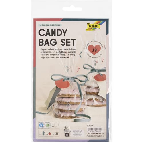 folia 46207 - Candy Bag Set A FLORAL CHRISTMAS, 6 Geschenktüten mit weihnachtlichen Anhängern, inkl. 3 m Schleifenband, für Süßigkeiten und Gebäck von folia