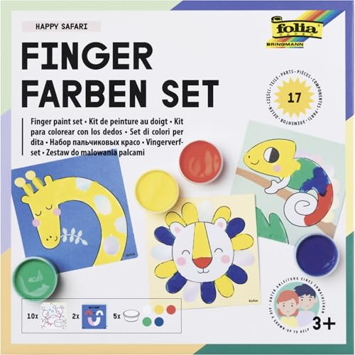 folia 48210 - Fingerfarben Set Happy Safari, Kreativset mit 5 x 30 ml leuchtender Fingerfarbe, 10 Malvorlagen mit Tiermotiven und 2 Mischvorlagen, inkl. Anleitung von folia
